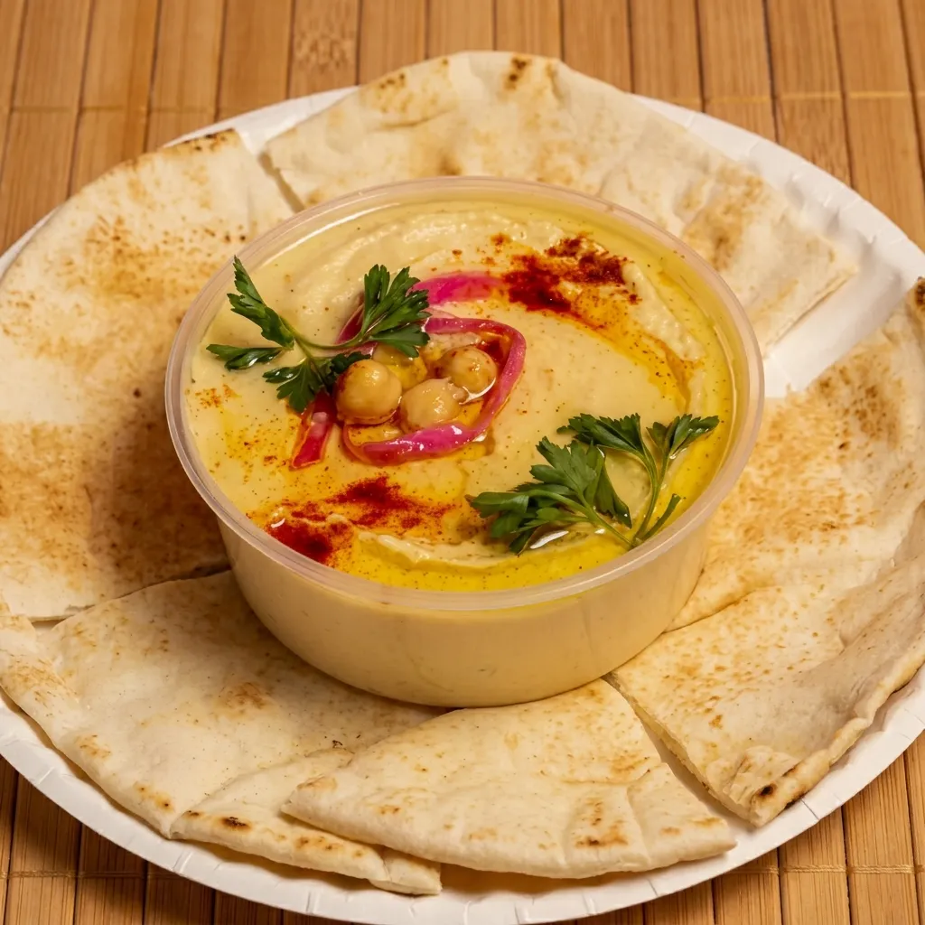 House-made hummus with chickpeas, pickled onions and warm pita – Aida's Donair, Calgary SE